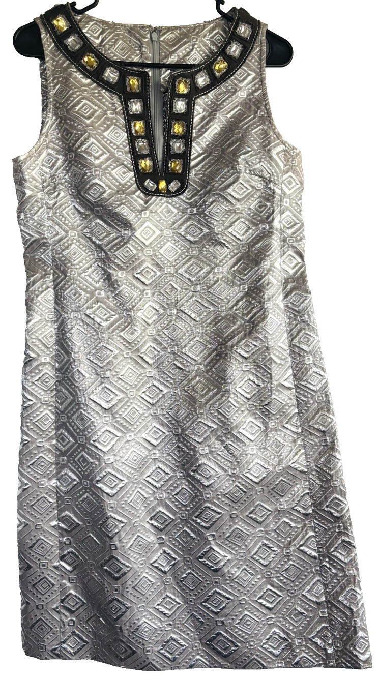 Tory Burch Metallic Jeweled V Neck Cocktail Dress Women’s 6 Silver Geometric